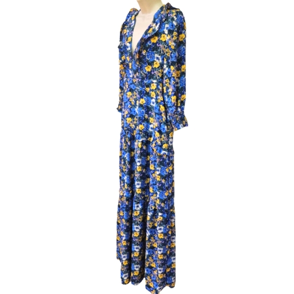 Code x Mode Blue/Yellow Multi-Color Floral Prairie Core Ruffle Maxi Dress, Large - Picture 3 of 16